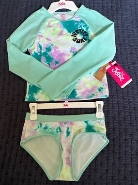 Justice Girls' Mint, Purple & Teal Tie-Dye Long Sleeve Rash Guard Set S (7-8)